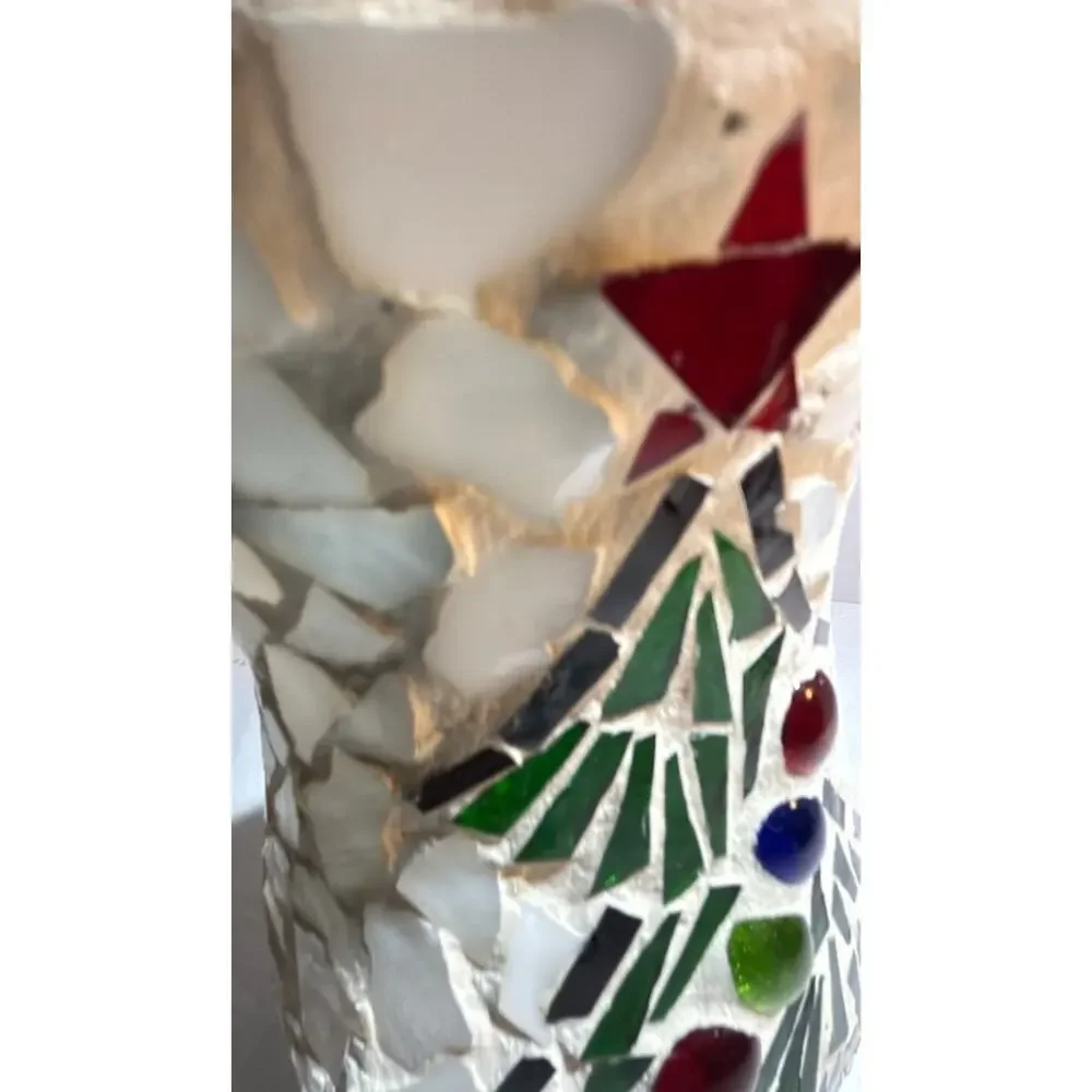 Mosaic Glass Vase with Christmas Tree Design